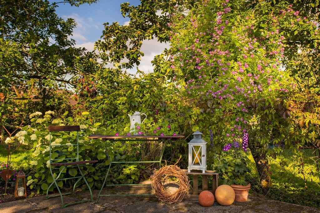 A pretty seating area in a home garden