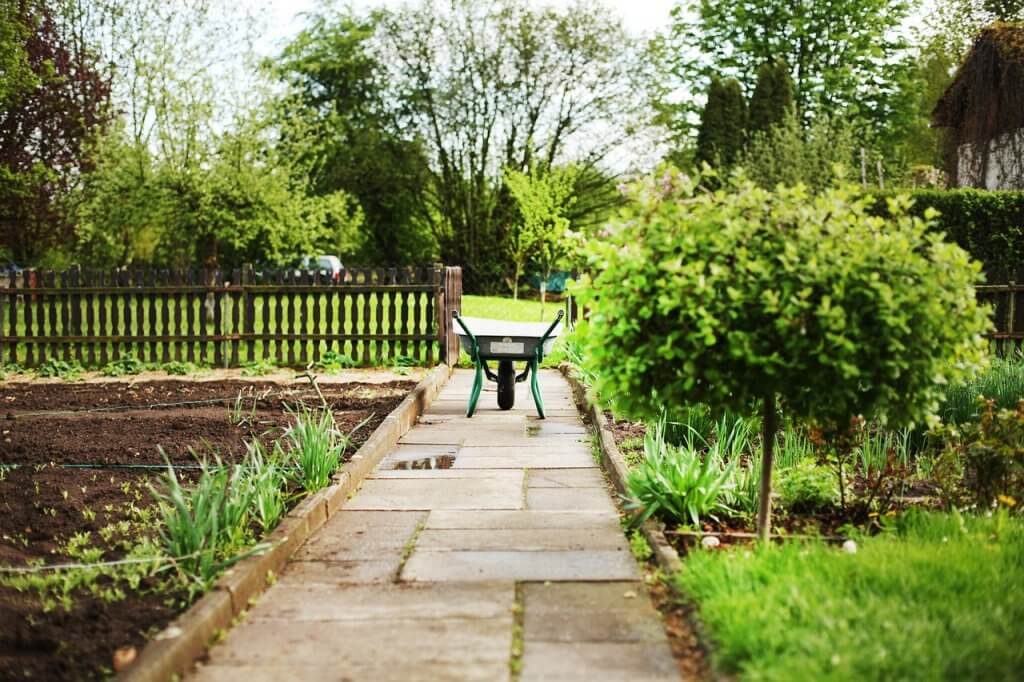 A wheelbarrow on a garden path