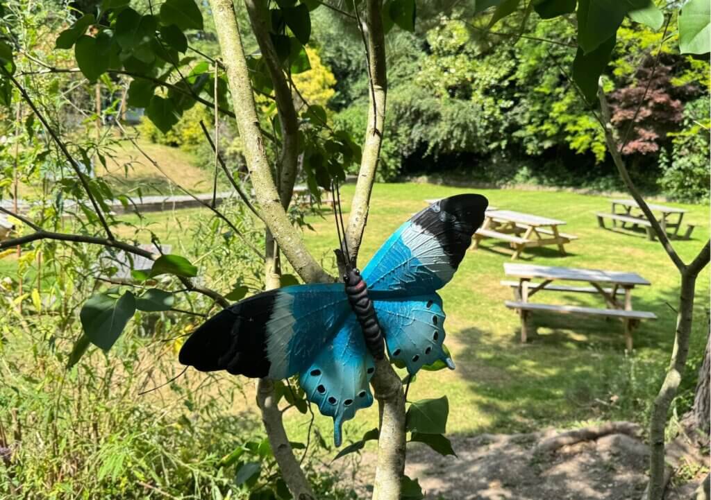 The outdoor play area with a blue butterfly at St. John's Garden Centre, Ashford